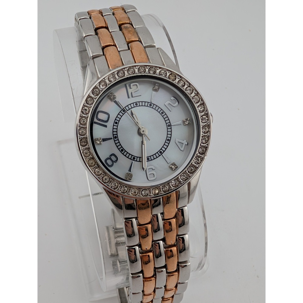 Women's Watch 28mm Case Rhinestones Rose Gold/Silver 7.5" Band- New Battery
